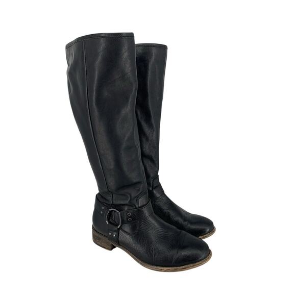 DIBA Black Leather Harness Biker Boots Size 8.5 Block Heel Motorcycle Equestrian - Picture 1 of 14